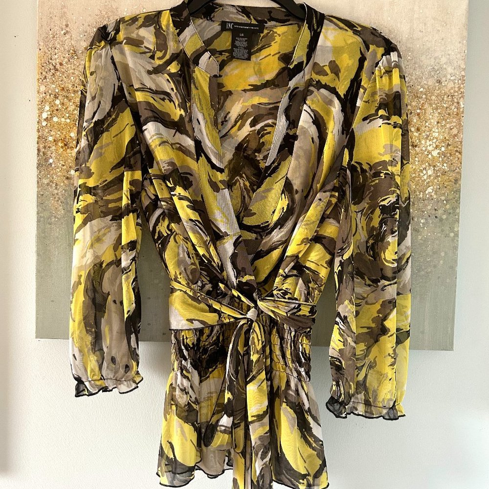 INC International Concepts Black & Yellow Wrap Blouse (NWOT)
